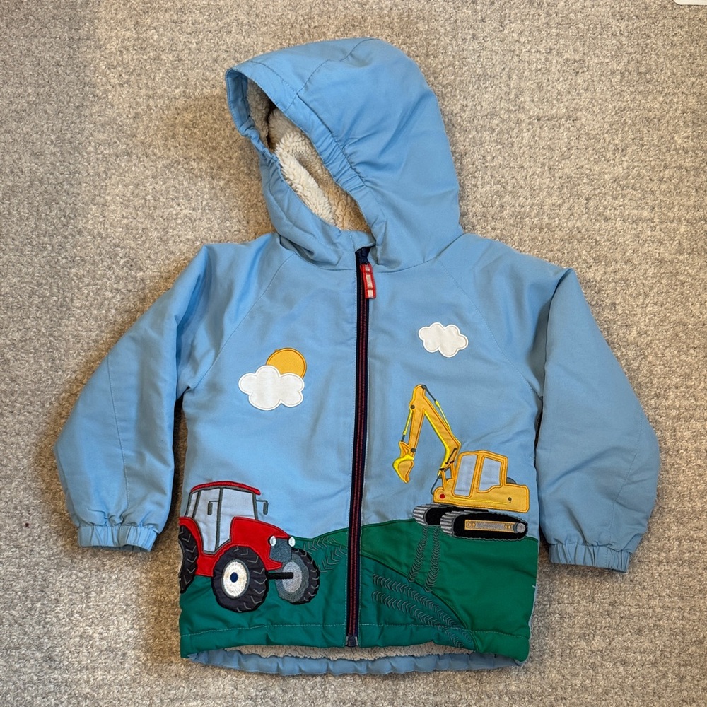 Mini Boden Blue Jacket with Red Tractor and Yellow Excavator